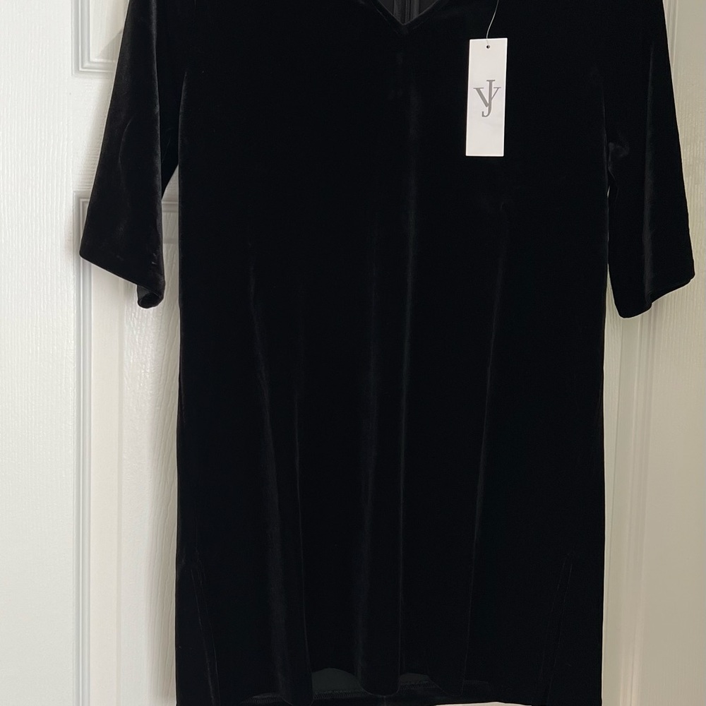 NWT Joan Vass Women’s Black Short Bell Sleeve Velvet/Velour Choker Tunic/Dress M